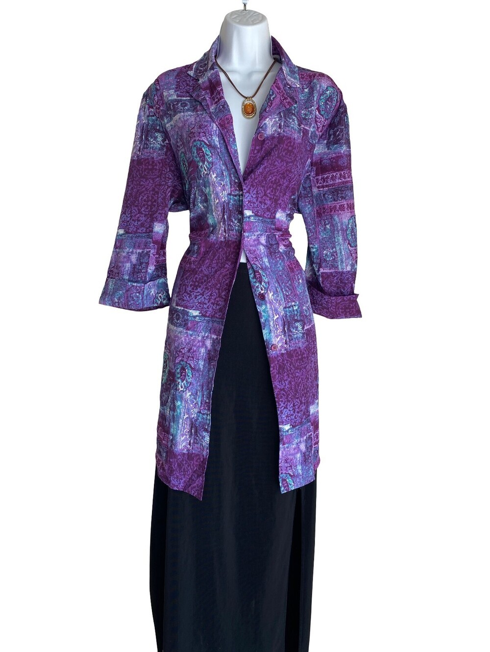 90'S VTG Blair Plus Size 1X Purple Whimsigoth Patchwork Button Up Duster Blouse